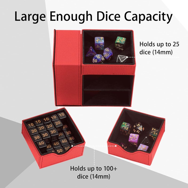 Stepane Dice Tray & Dice Tower Storage Box, 3 in 1 Dice Holder Case (Dice Rolling Tray, Rolling Tower, Storage Drawers), Leather Magnetic Closure DND Accessories Gifts for RPG MTG, Red/Black - Image 3